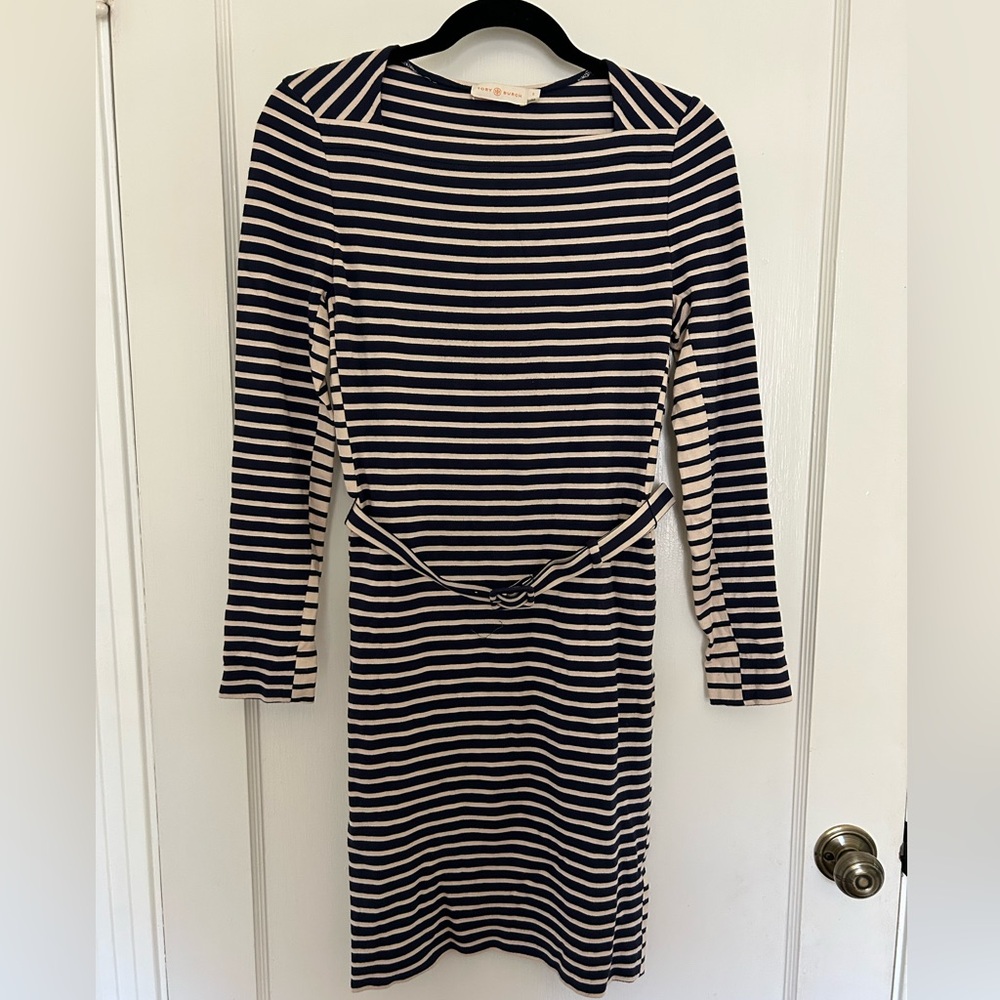 Tory Burch Navy and Cream Striped Long Sleeve Dress
